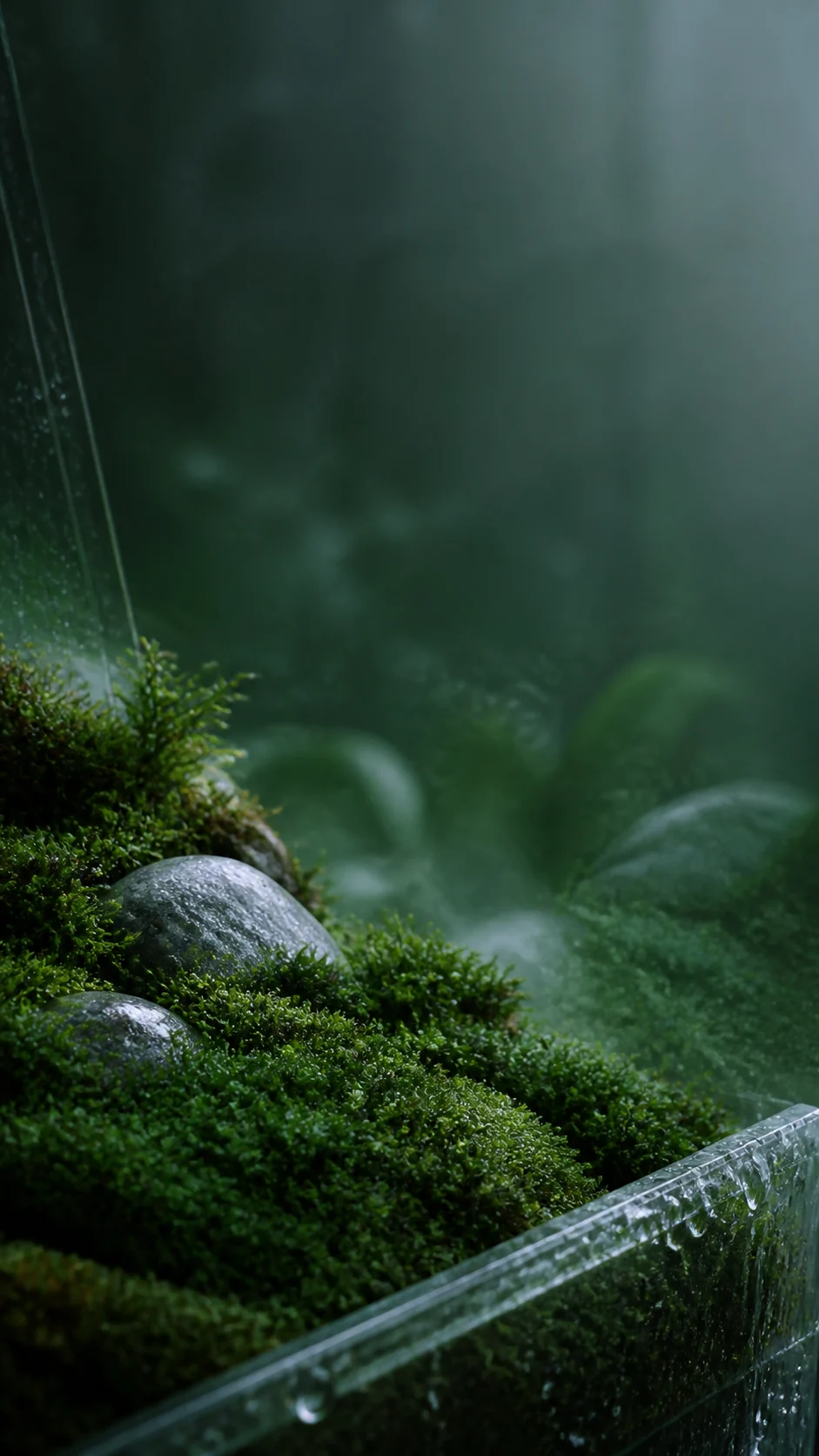 雨后玻璃温室里的苔藓微景观手机壁纸：锁屏留白与冷暖光提示词