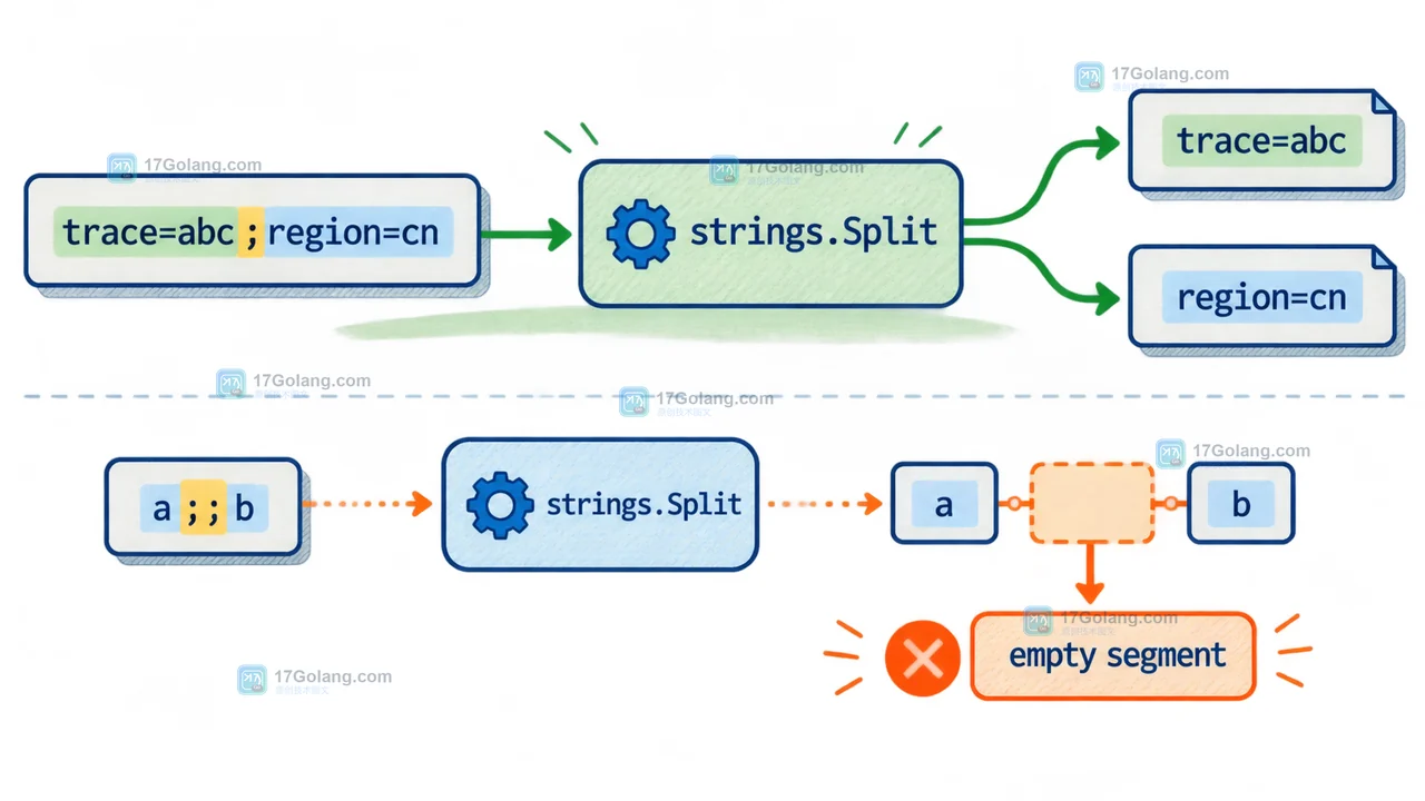 strings.Split 遍历 trace=abc、region=cn 的全部字段并拒绝空片段