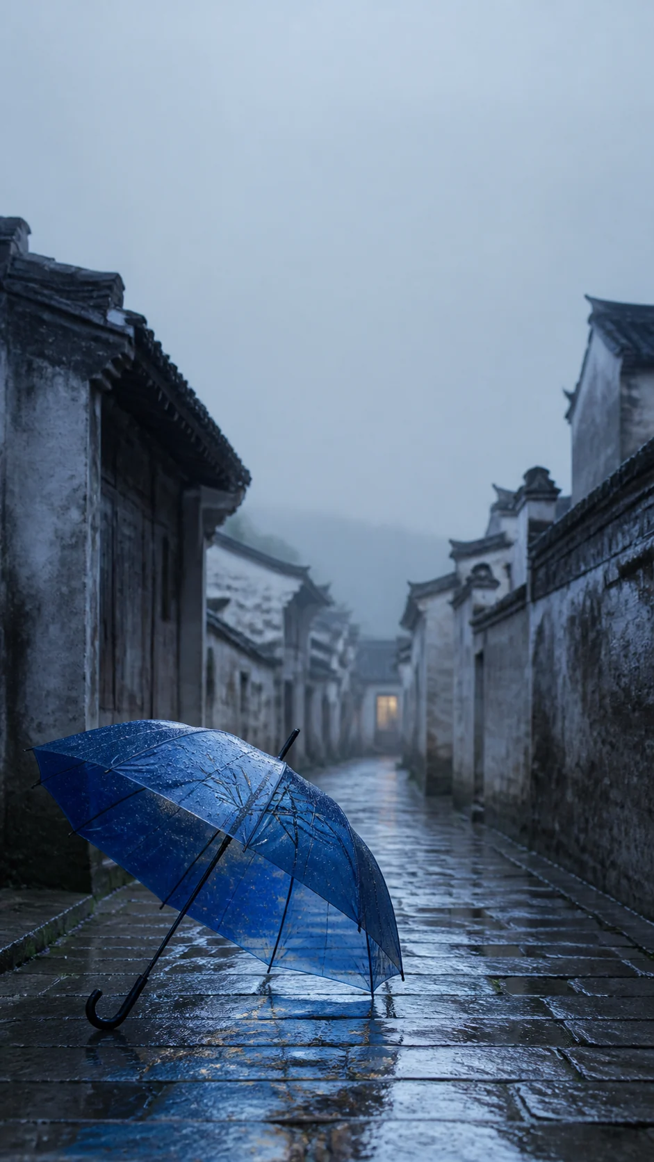 雨后青石巷的蓝色雨伞手机壁纸：锁屏留白、冷暖光与纵向层次怎么写