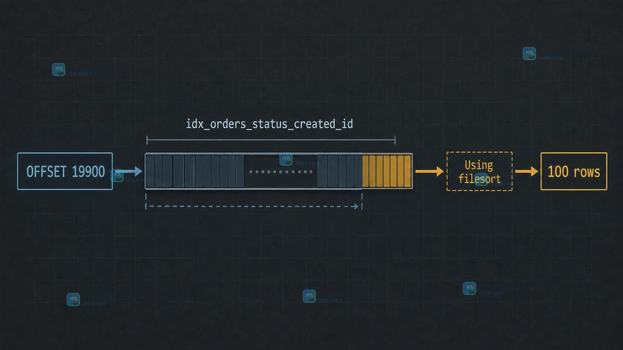 MySQL 深分页中 OFFSET 19900 先经过 idx_orders_status_created_id 跳过大量记录再返回 100 行的查询路径