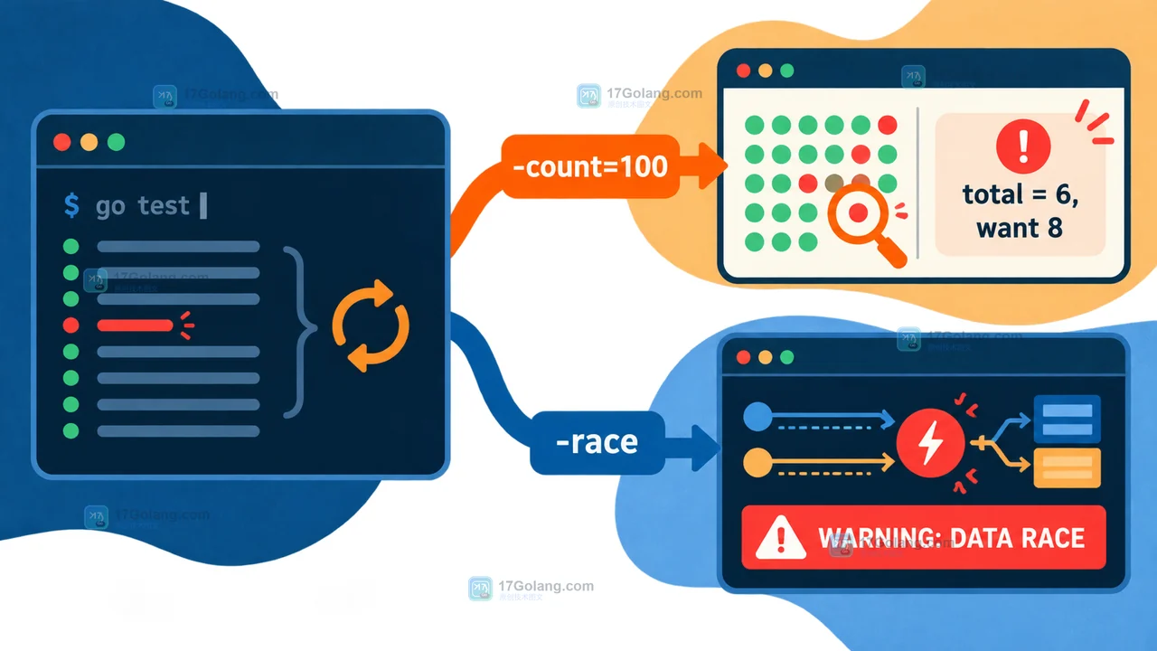 go test -count=100 与 go test -race 共同留下断言失败和 DATA RACE 证据