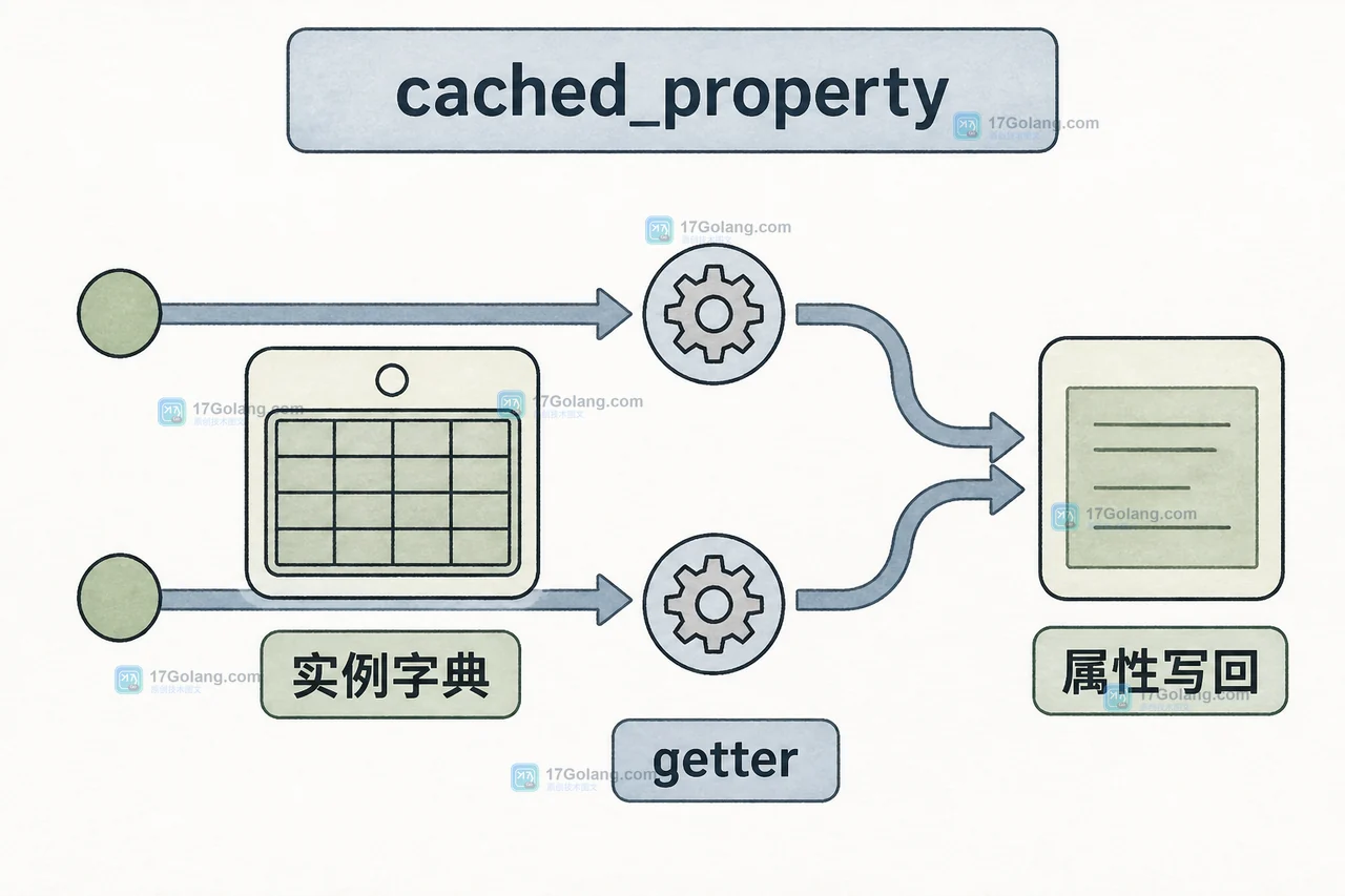 Python cached_property 首次访问中实例字典未命中到属性写回的并发窗口示意图