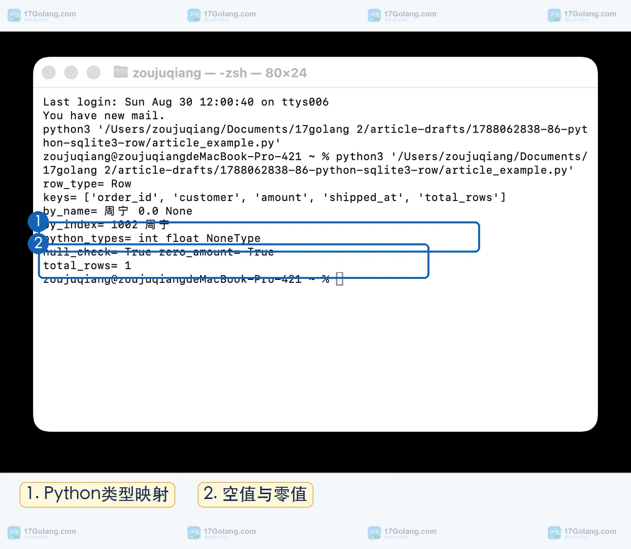 Python sqlite3.Row 终端输出显示 INTEGER、REAL、NULL 对应的 Python 类型和 None 判断