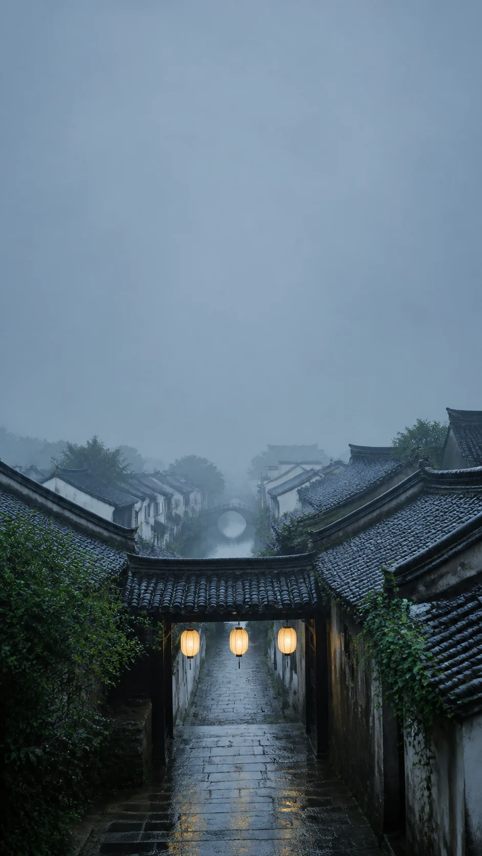 雨后青瓦与纸灯笼的江南巷口：适合锁屏留白的竖屏手机壁纸提示词