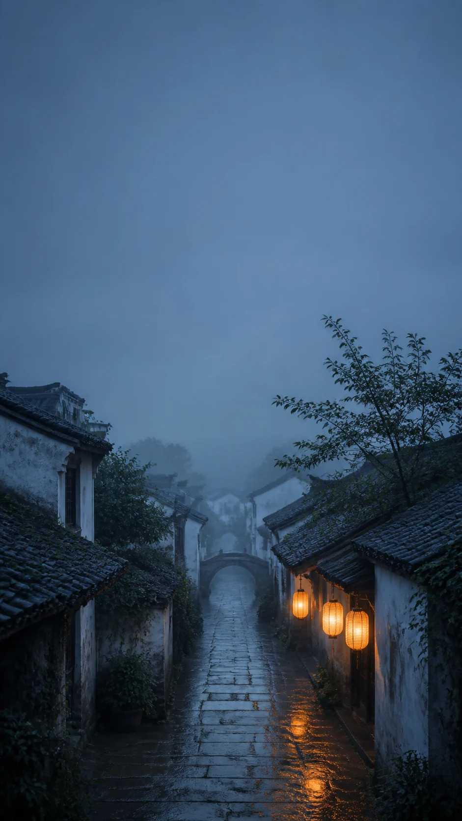 暖橙灯光映照雨后江南巷口的竖屏手机壁纸变体