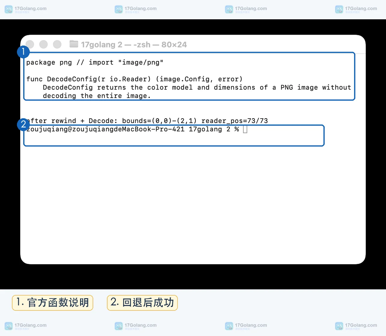 真实 Go 终端显示 DecodeConfig 文档和 Seek 回退后 Decode 得到 2×1 边界