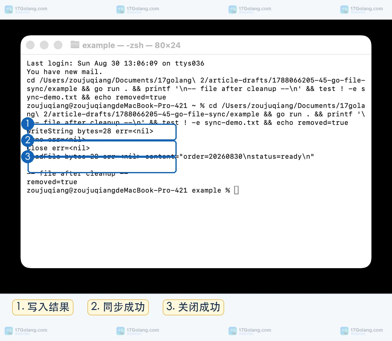 Go os.File 示例在终端中依次显示 WriteString、Sync、Close 成功及重新读取文件内容