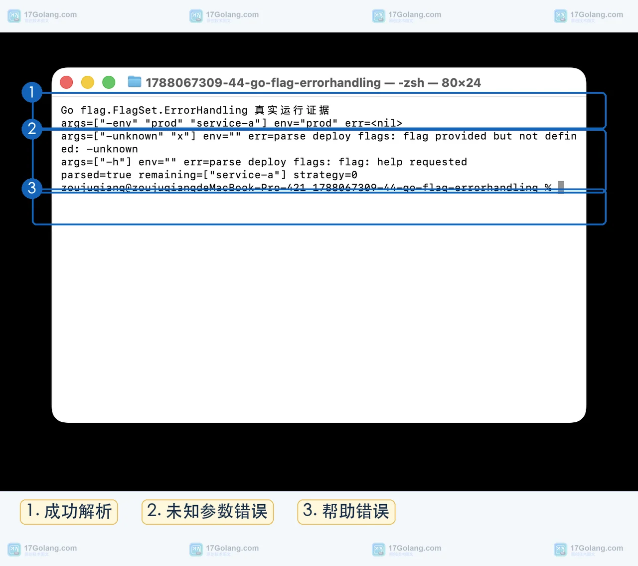 Go flag.FlagSet.ErrorHandling 如何控制命令行失败：ContinueOnError 与测试输出