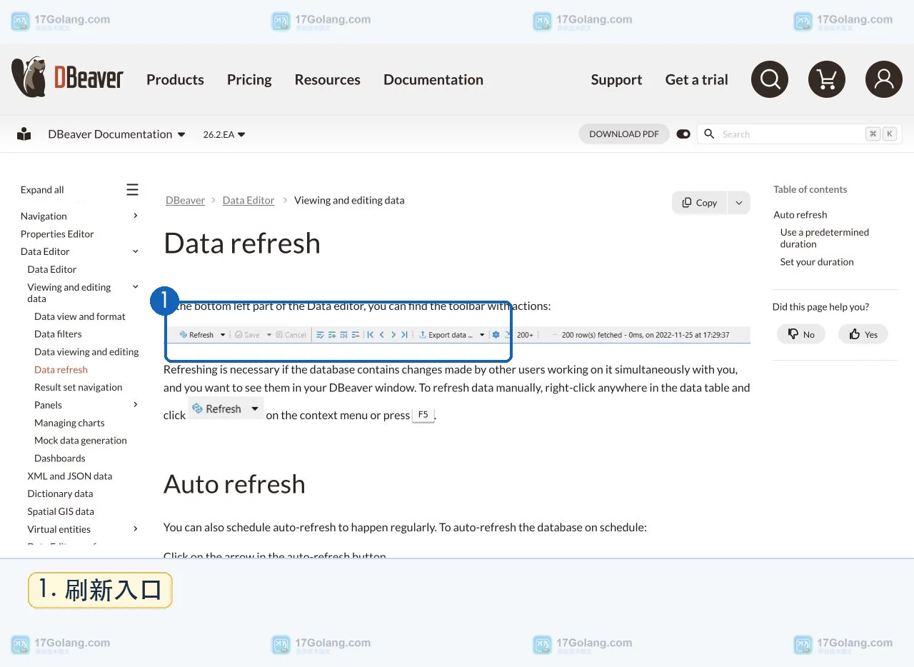 DBeaver 官方文档中的 Data refresh 页面，展示数据编辑器底部 Refresh 工具按钮与 F5 快捷键