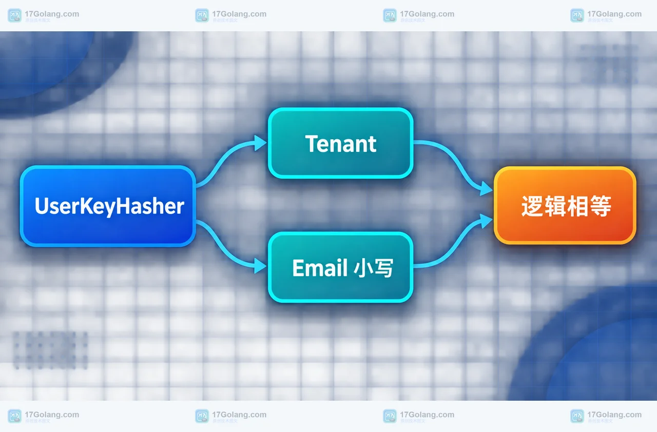 Go UserKeyHasher、Tenant、Email 小写与逻辑相等的字段关系框图