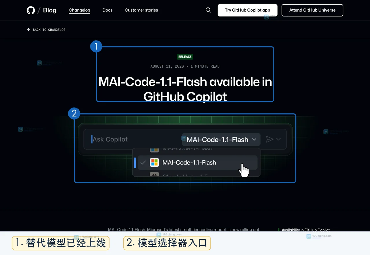 GitHub 官方发布页中 MAI-Code-1.1-Flash 可用范围和启用策略说明