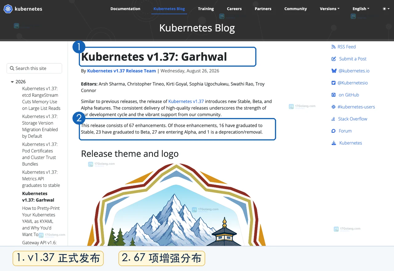 Kubernetes 1.37 官方发布说明与增强数量中文标注