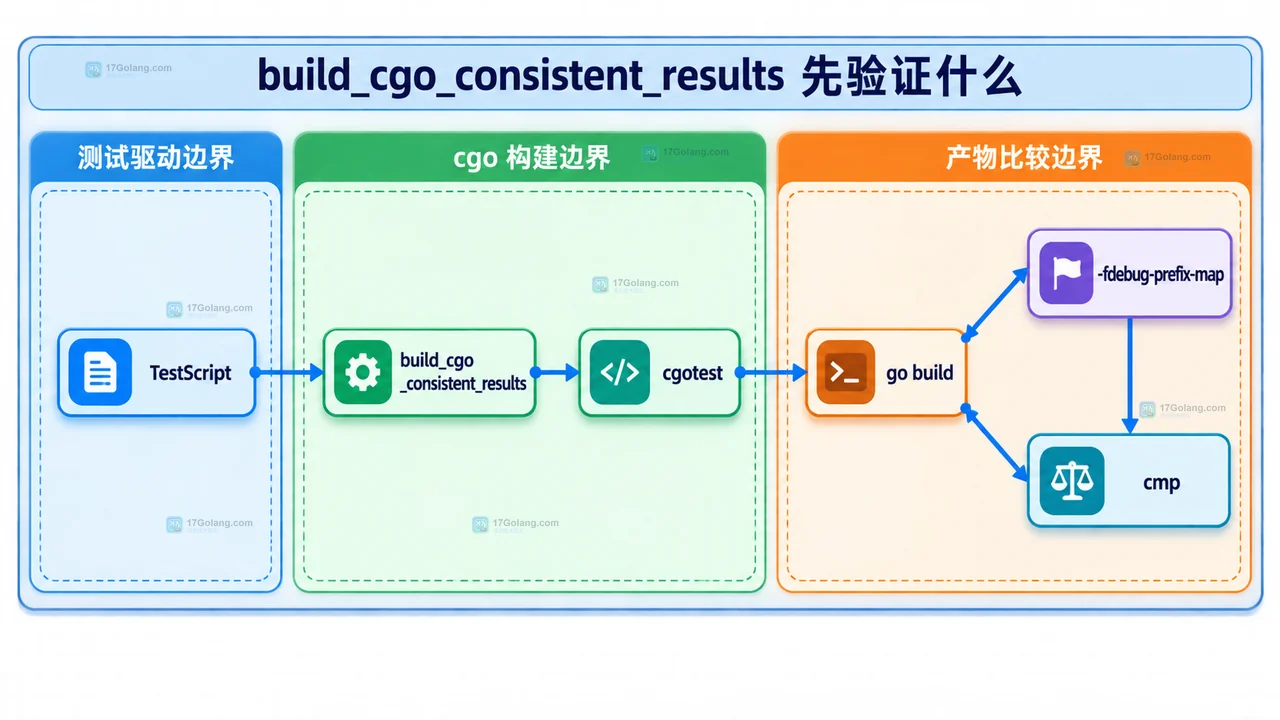 Go build_cgo_consistent_results 测试驱动、cgotest、go build 与 cmp 的静态构建关系图