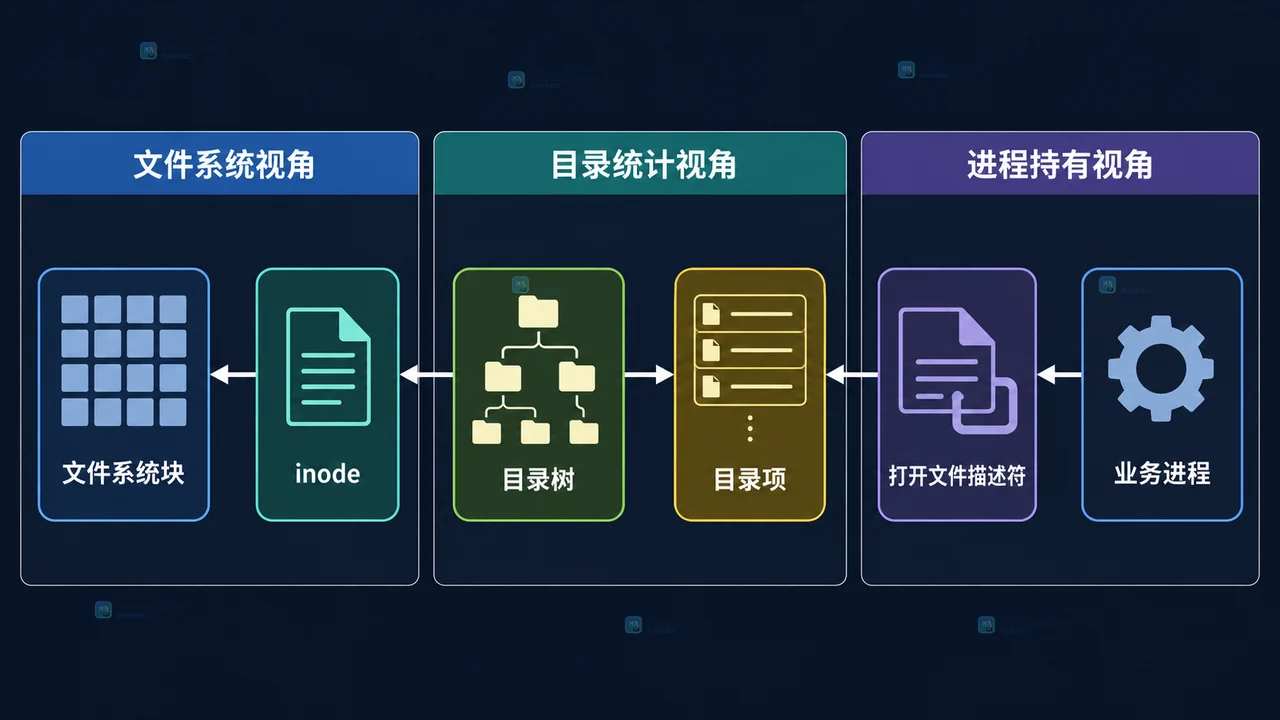 Linux df 显示磁盘已满但 du 对不上：定位已删除文件的占用句柄