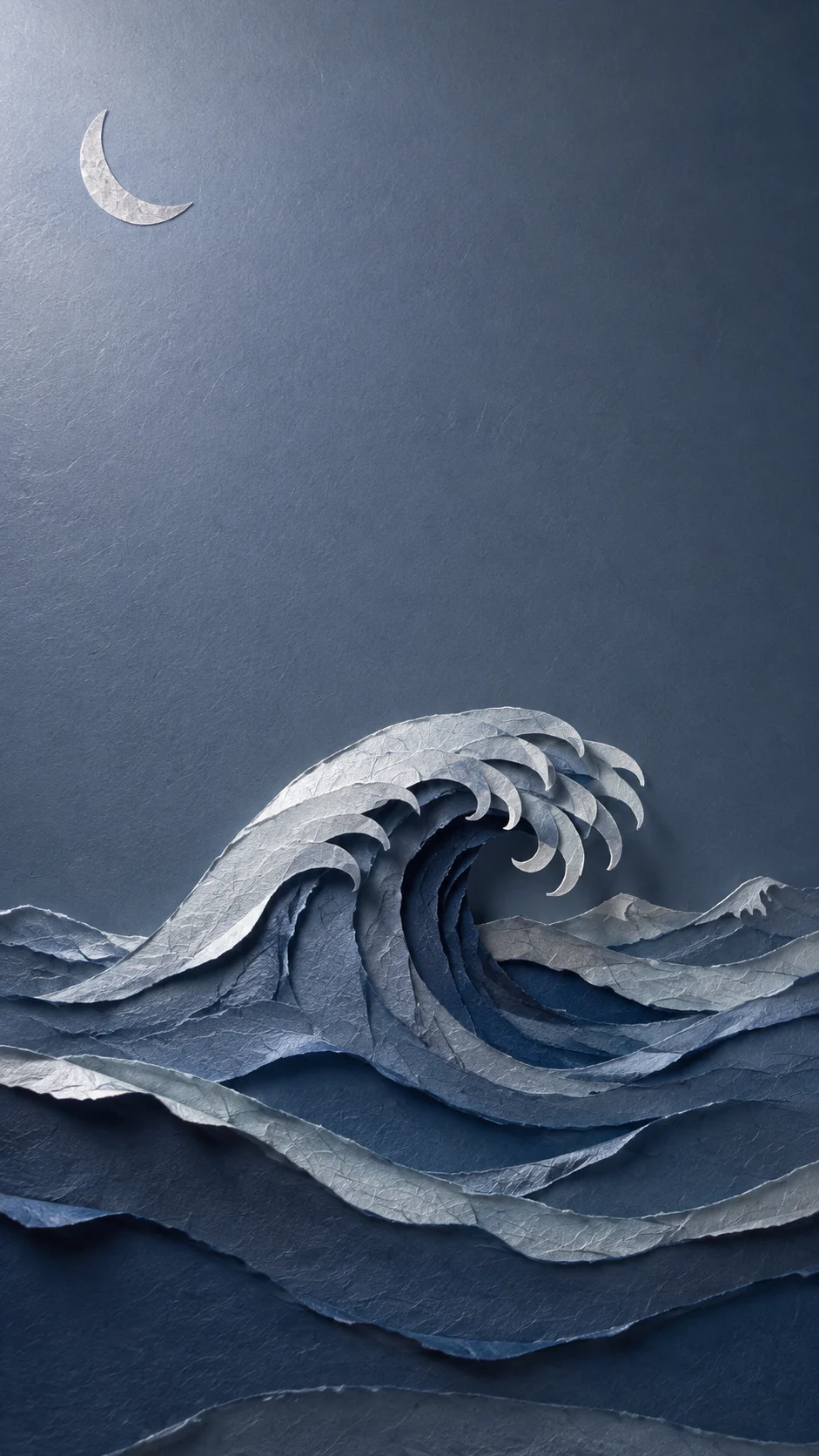 月光纸雕海浪手机壁纸提示词：手作纹理与安静蓝灰留白
