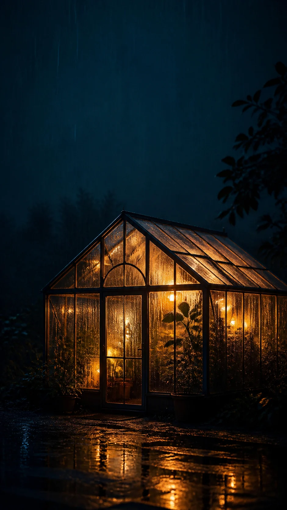 雨夜玻璃温室手机壁纸提示词：潮湿质感与冷暖双光变体