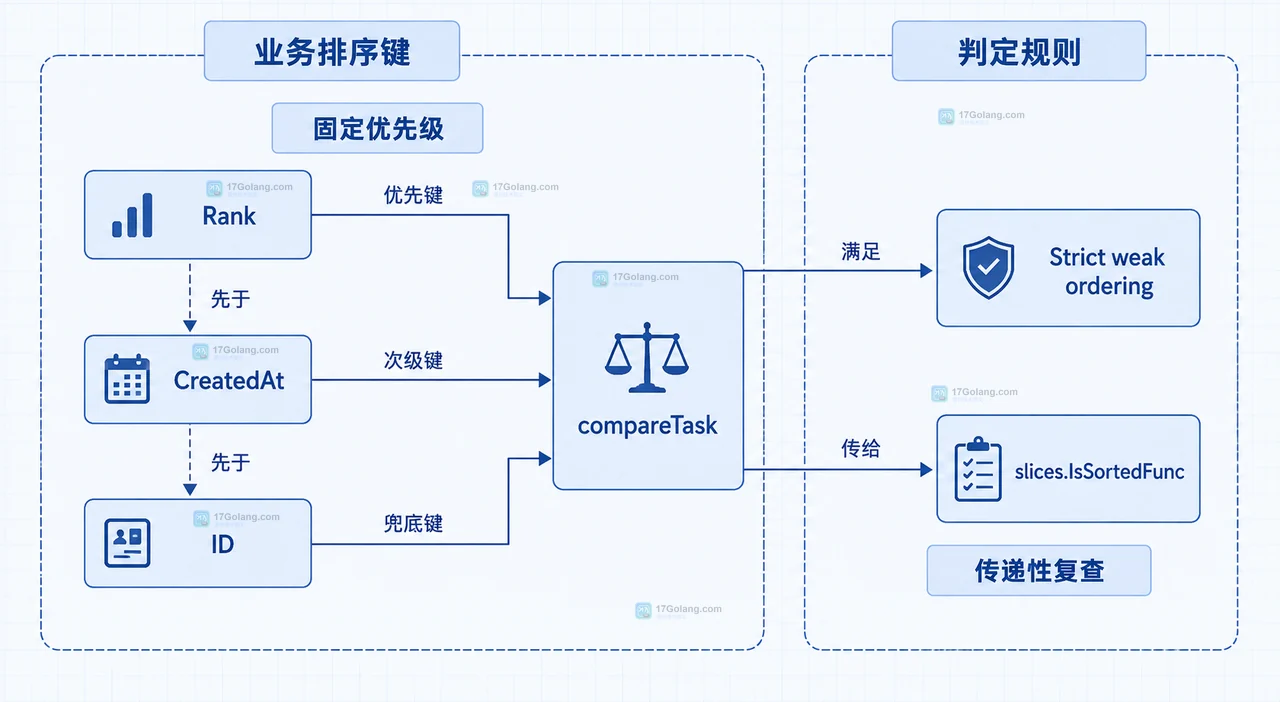 Go 多字段比较器中 Rank CreatedAt ID 与严格弱序约束的静态关系框图