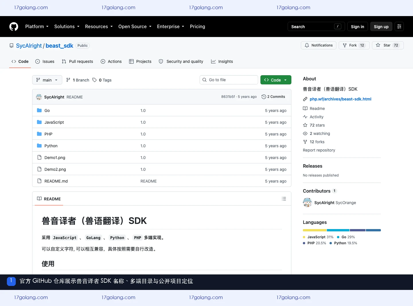 兽音译者官方 GitHub SDK 仓库概览，显示项目名称与多语言目录