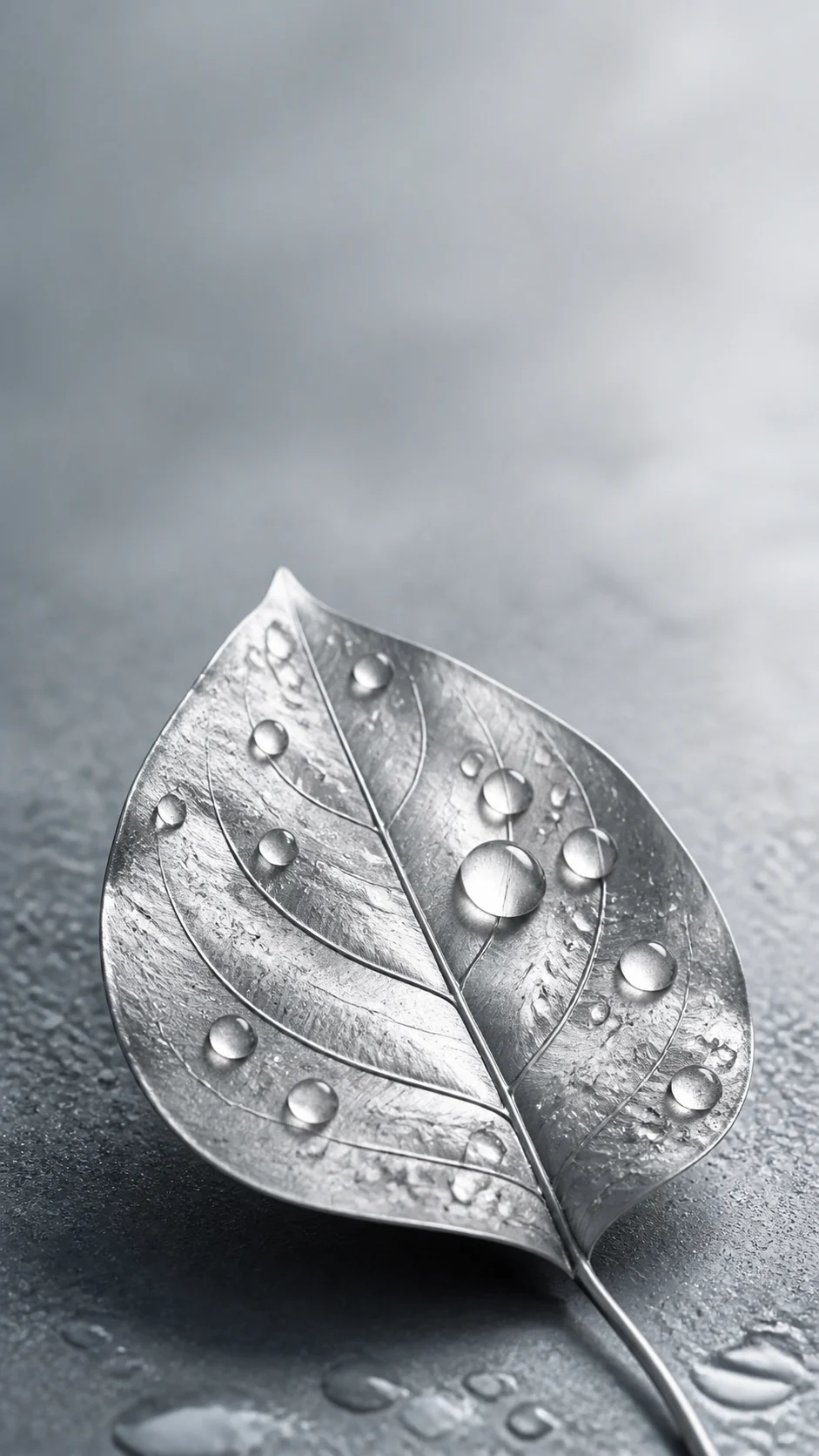 银白雨滴金属叶手机壁纸：触感细节与单色锁屏可读性