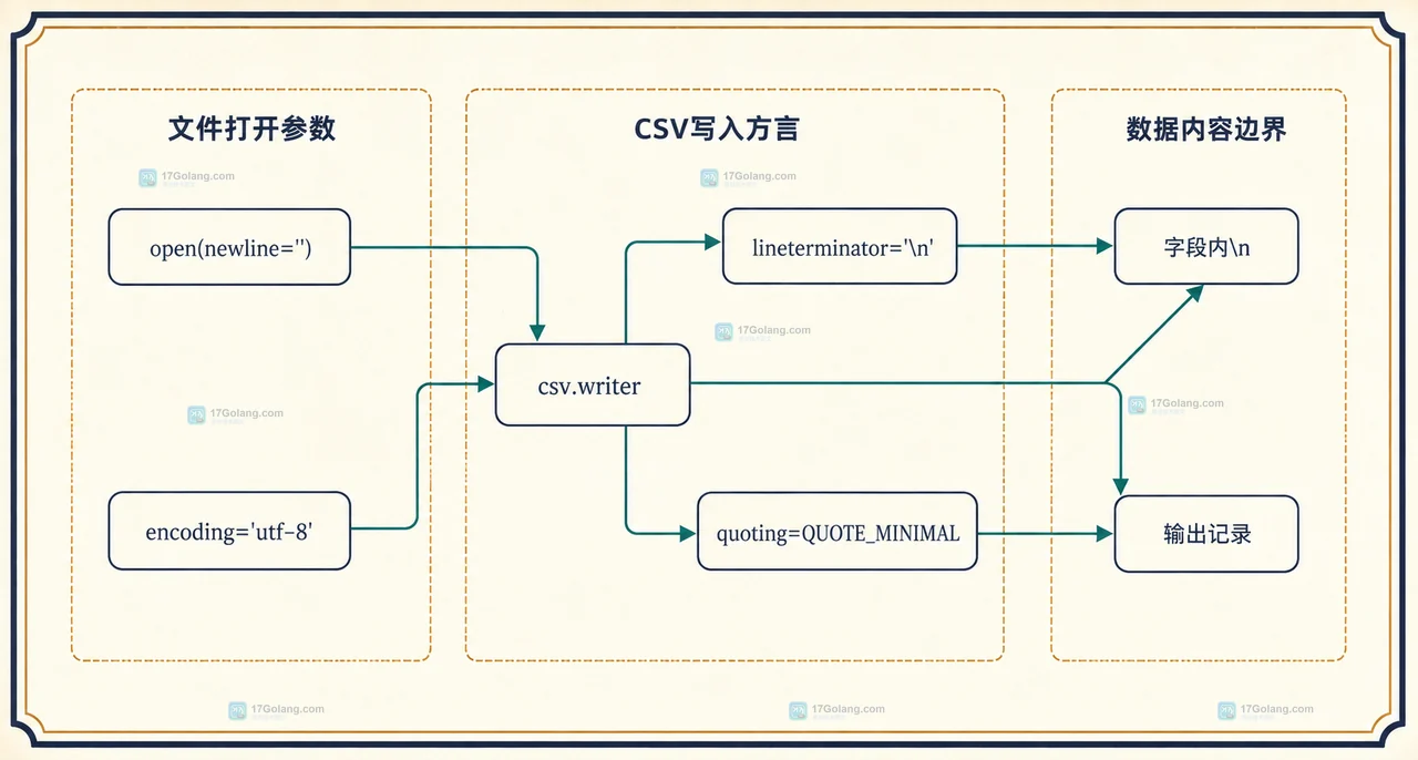 Python 稳定写 CSV 时 newline、encoding、csv.writer、lineterminator 和字段换行的参数关系
