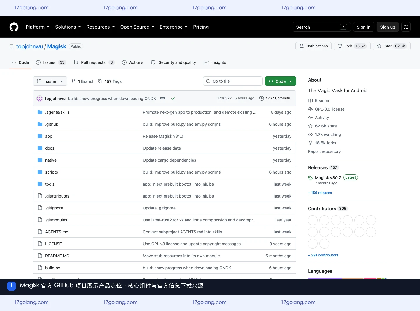 Magisk 官方 GitHub 项目展示产品定位核心组件与官方信息下载来源