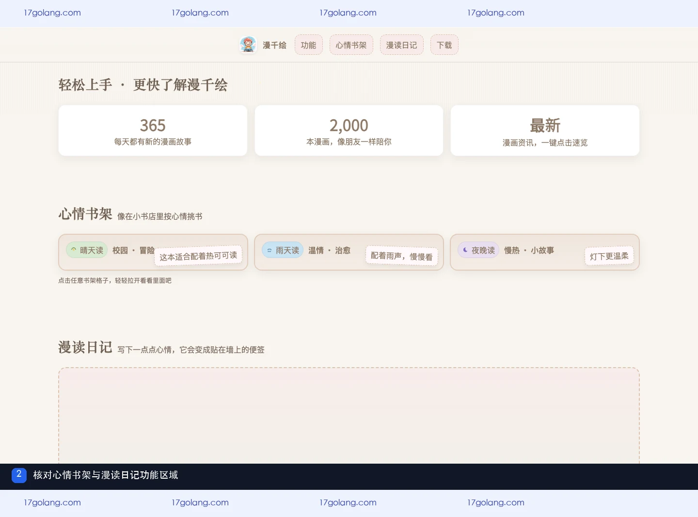 漫千绘产品站的心情书架和漫读日记功能区域