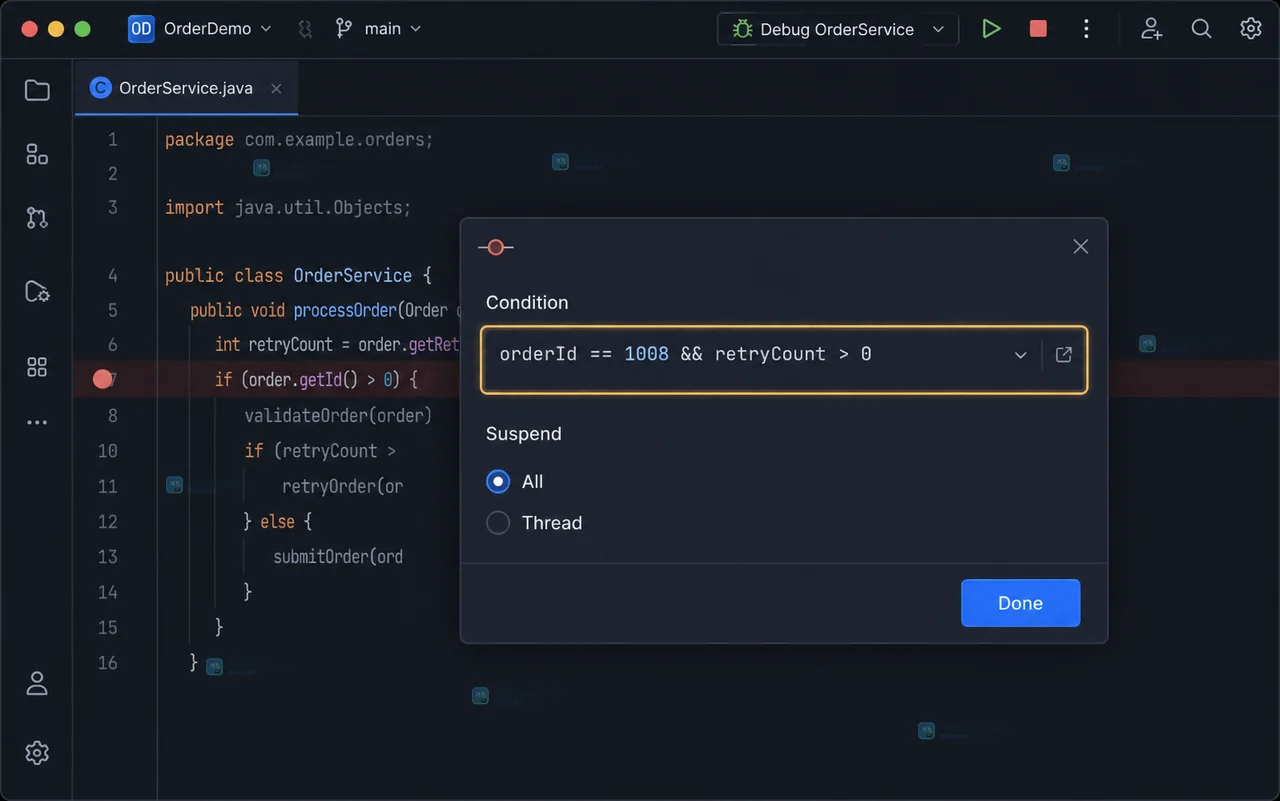 IntelliJ IDEA 断点设置弹窗显示 Condition 表达式和 Suspend 线程范围选项