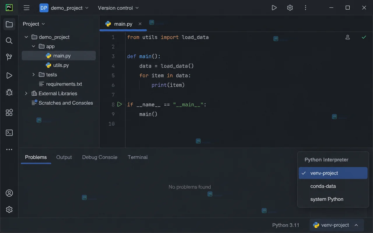 PyCharm Show All 对话框选中本地 virtualenv 并显示 venv-project 的 Interpreter path
