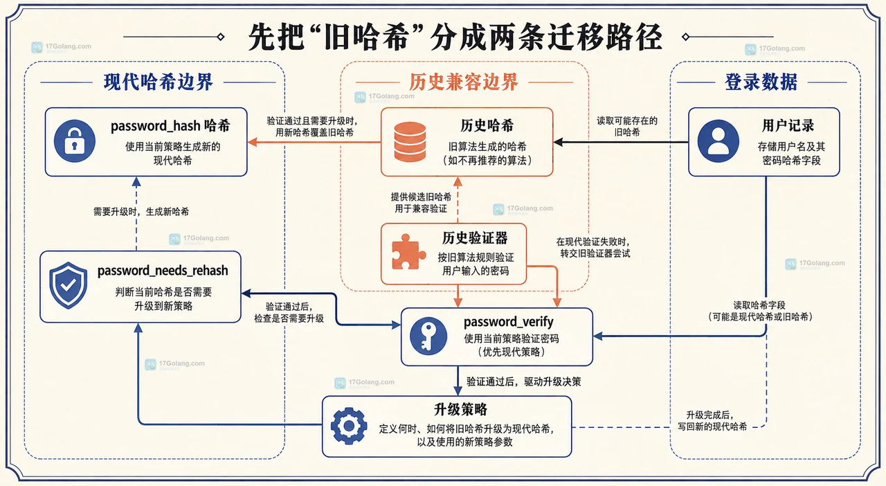 PHP 登录成功后把旧密码哈希转换为新 password_hash 值并通过旧值条件更新的静态关系图