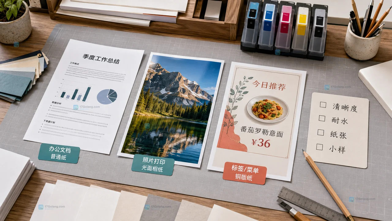 印刷工作台上按文件用途、纸张类型和保存要求选择墨水并准备小样的原创说明图