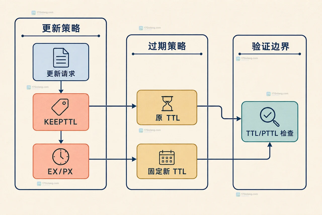Redis SET 覆盖字符串值并清除旧 TTL 后由 TTL 查询发现无过期状态的关系框图