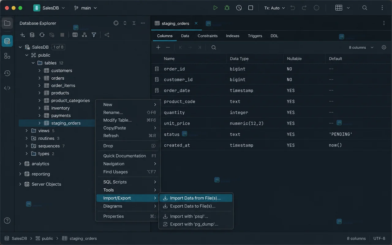 DataGrip Mapping 设置页显示目标 schema、目标表以及 Source Column 到 Target Column 的对应关系