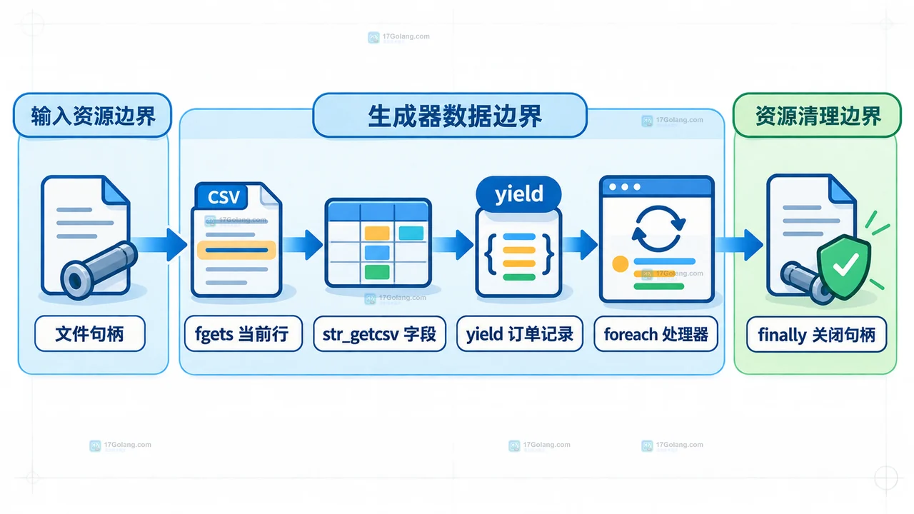 PHP yield 读取大量数据时，数据源、生成器状态、当前记录和消费逻辑之间的内存边界静态关系图