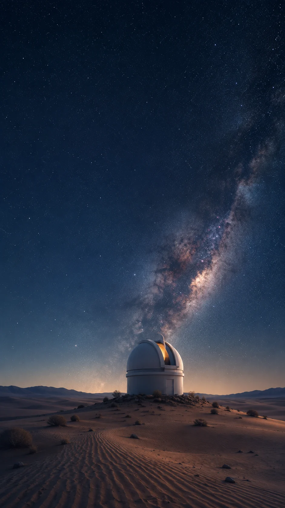 沙漠天文台星空手机壁纸变体，穹顶位于右下并为左上锁屏区域留白