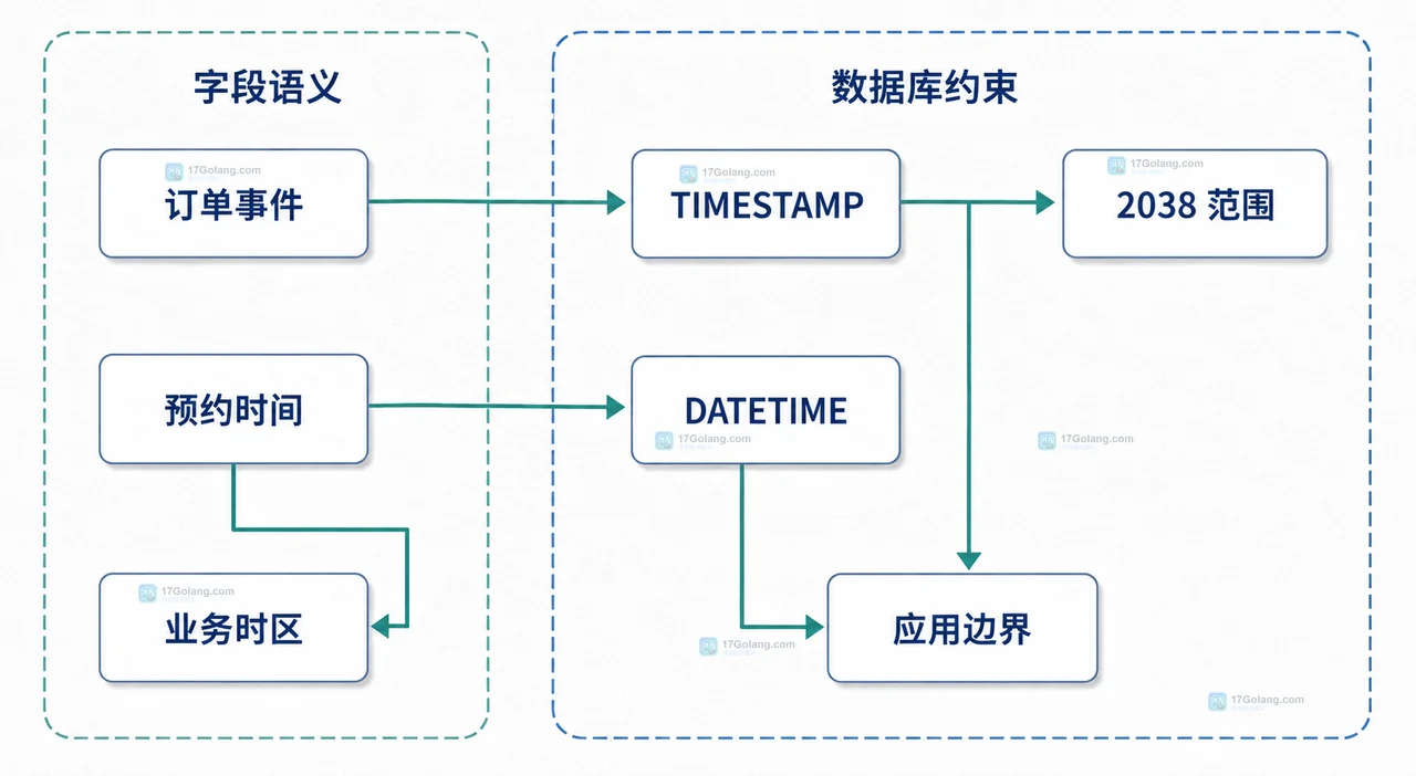 MySQL TIMESTAMP 与 DATETIME 在连接时区、UTC 存储和本地时间语义之间的静态关系框图