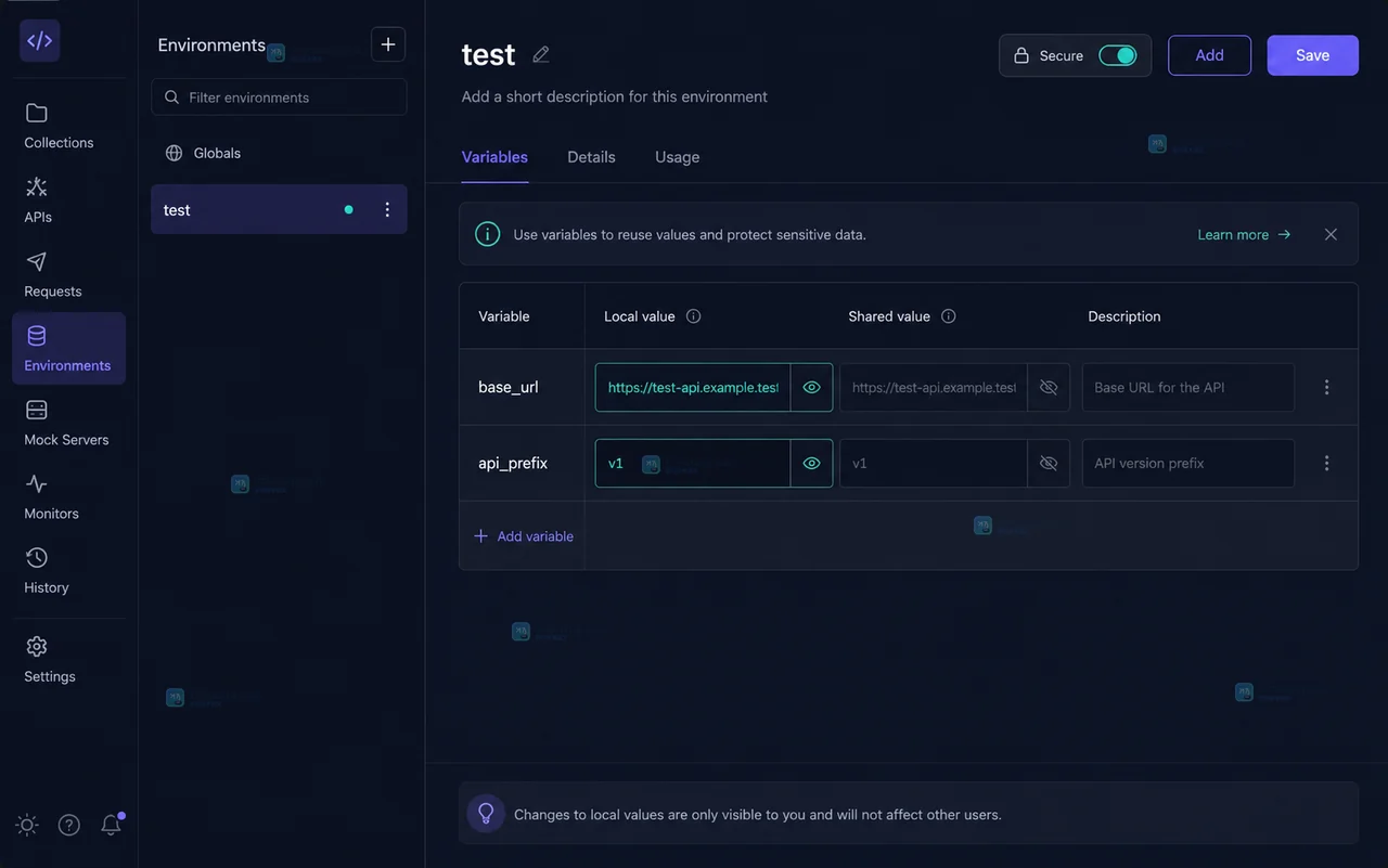 Postman test 环境变量表中的 base_url 和 api_prefix