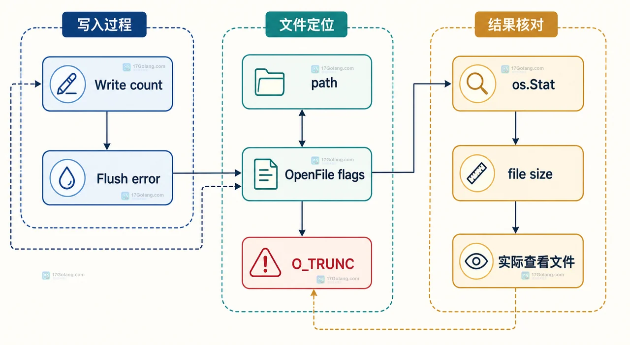 Go bufio Writer 从 Write 缓冲区到 Flush 文件的静态关系图