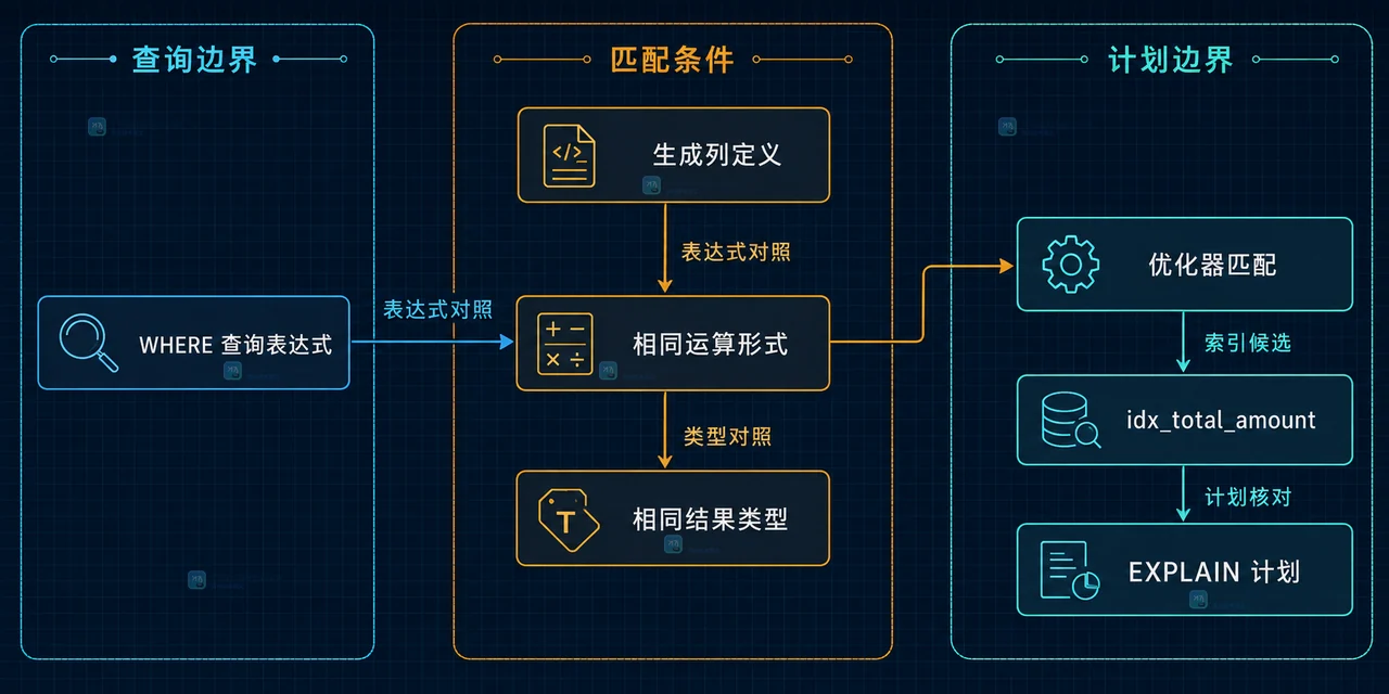 MySQL 订单表中小计、税率、STORED 生成列和金额索引的静态结构关系