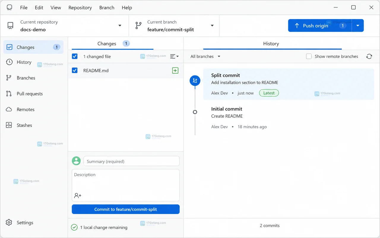 GitHub Desktop 差异视图中蓝色高亮改动行与被取消选择的改动行