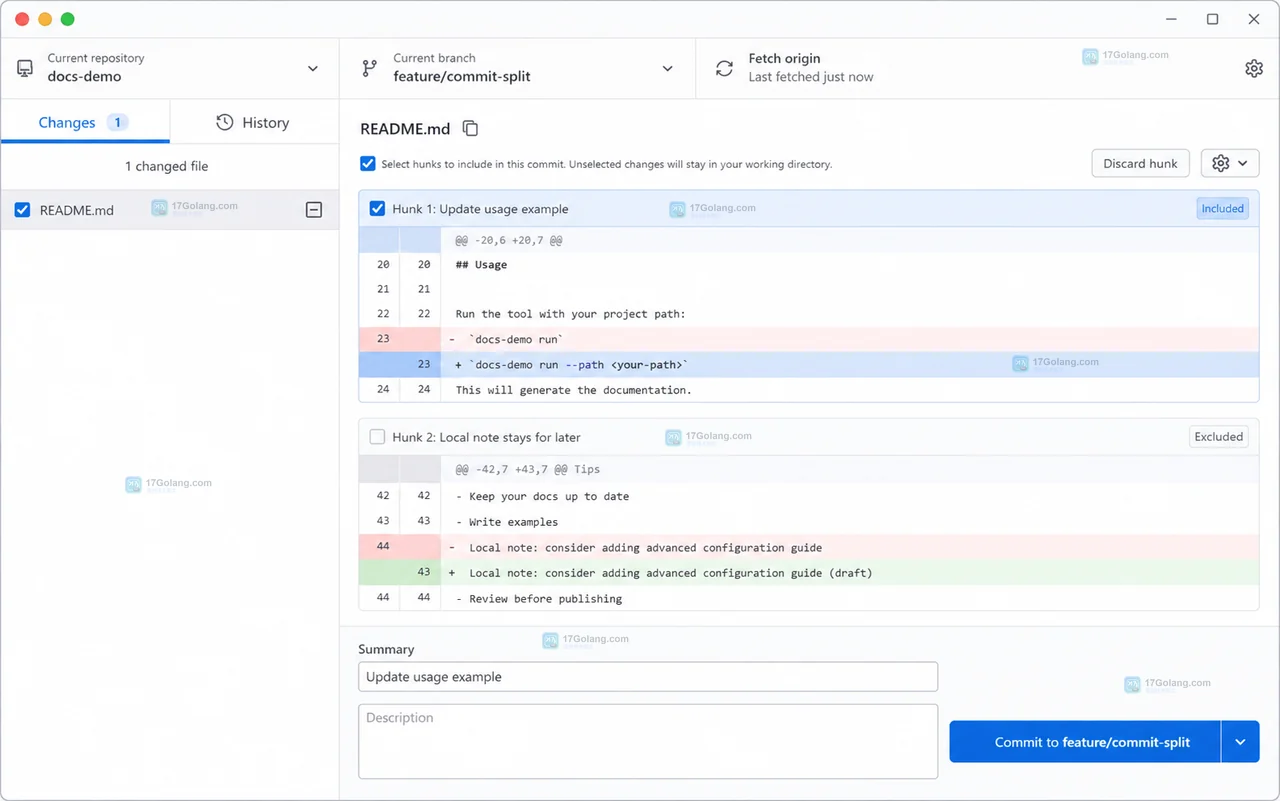 GitHub Desktop History 显示部分提交并在 Changes 保留一处本地修改