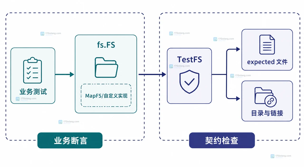 Go fstest MapFS 测试夹具、MapFile.Data 与 fs.ReadFile 的关系结构图