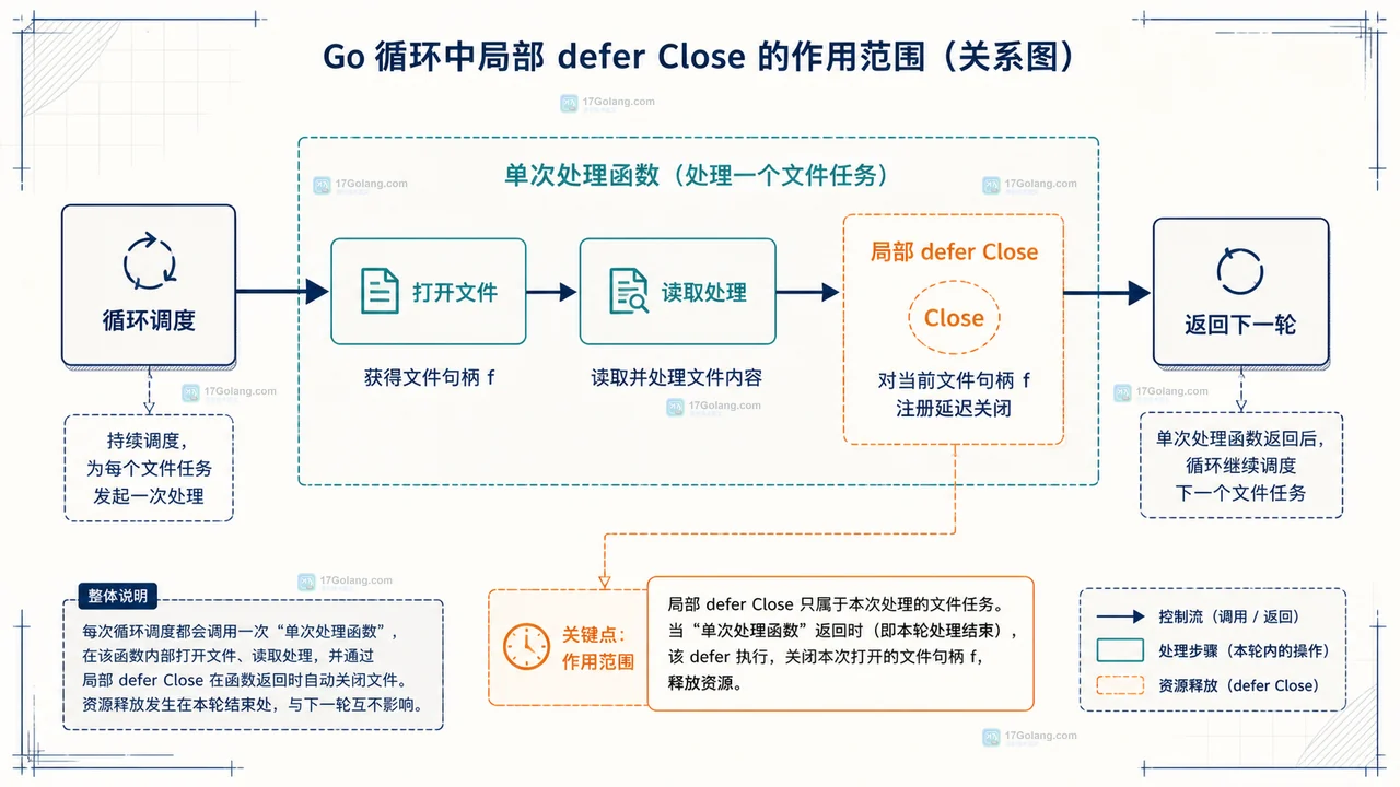 Go 外层函数中多个循环迭代把文件句柄加入 defer 清理队列的关系图