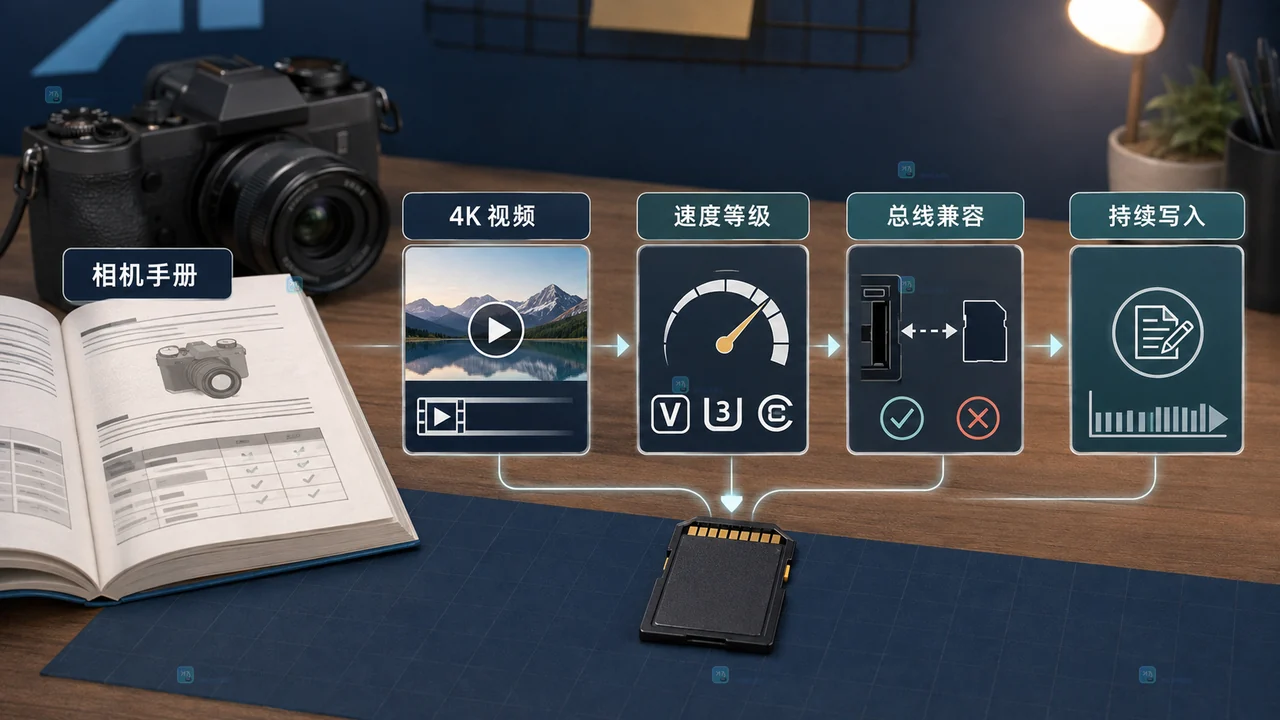 相机存储卡 U3 与 V30 标识对比，展示两者共同的 30 MB/s 连续写入等级以及不同速度标准