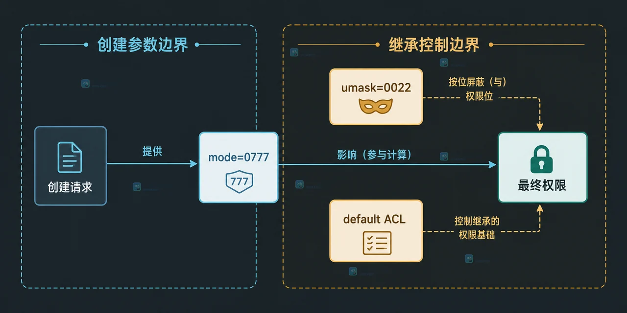 Linux 新建文件权限中的创建请求、mode、umask、default ACL 与最终权限静态边界关系图