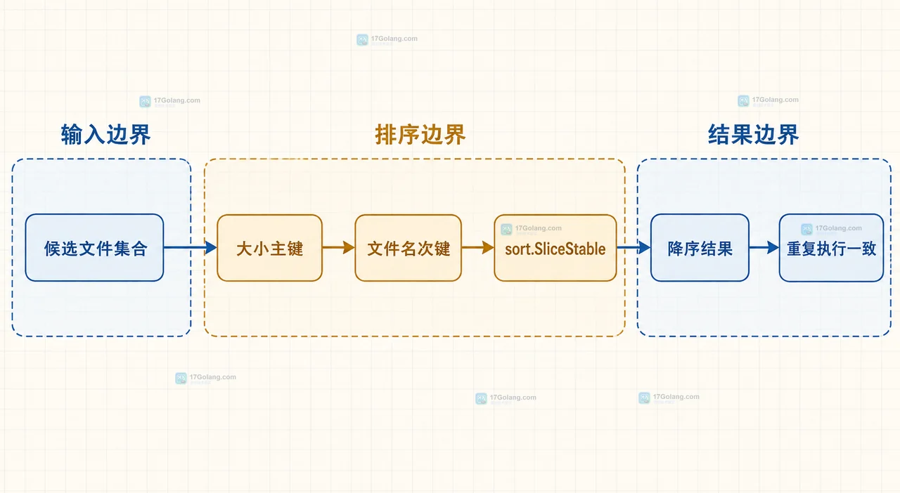 Go os.ReadDir 怎么按文件大小筛选并稳定排序