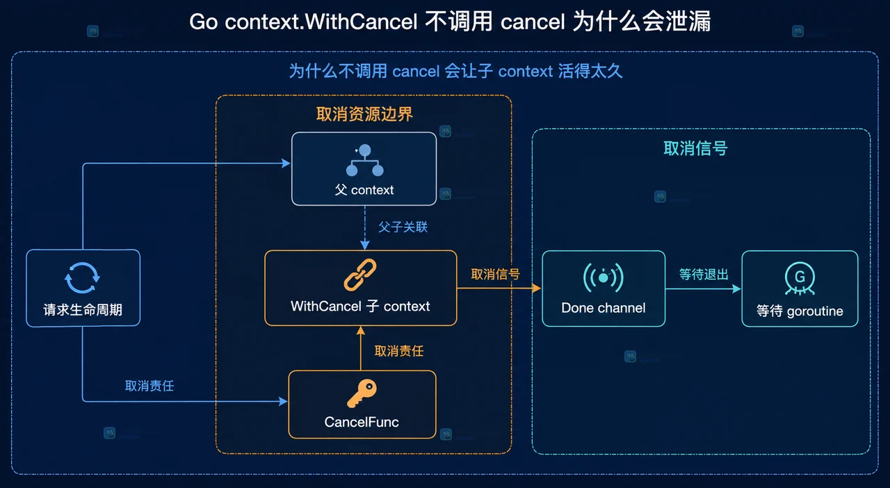 Go context.WithCancel 不调用 cancel 为什么会泄漏