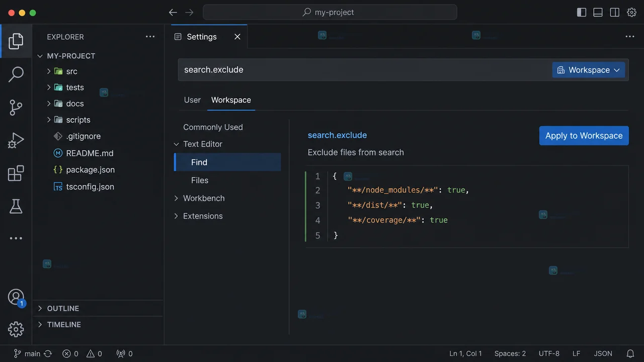 VS Code settings.json 中 files.watcherExclude 排除 dist、coverage 和 cache 目录并显示已保存状态