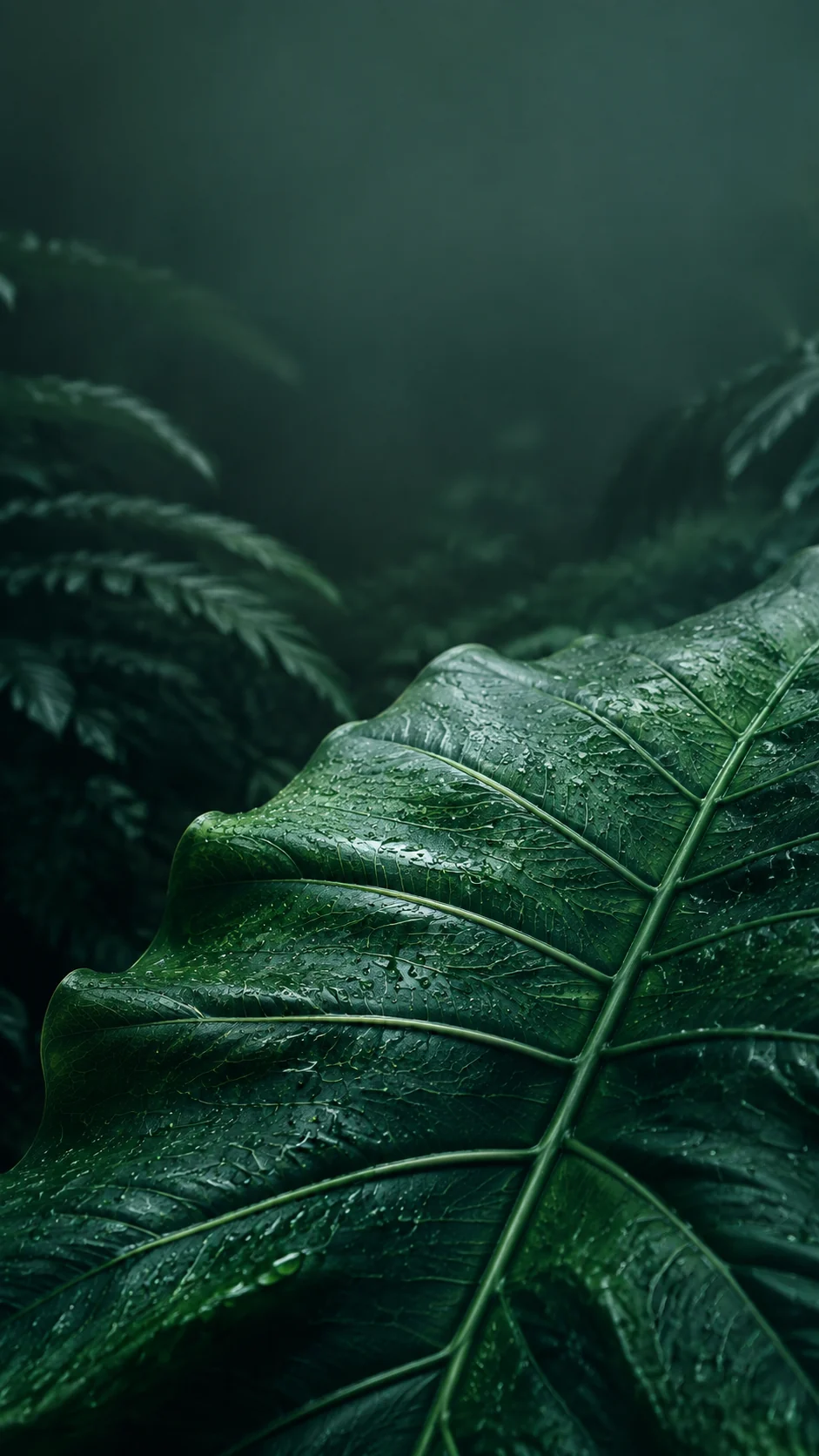 墨绿雨林叶脉手机壁纸变体，叶片从左下斜向中心，右上为图标留白