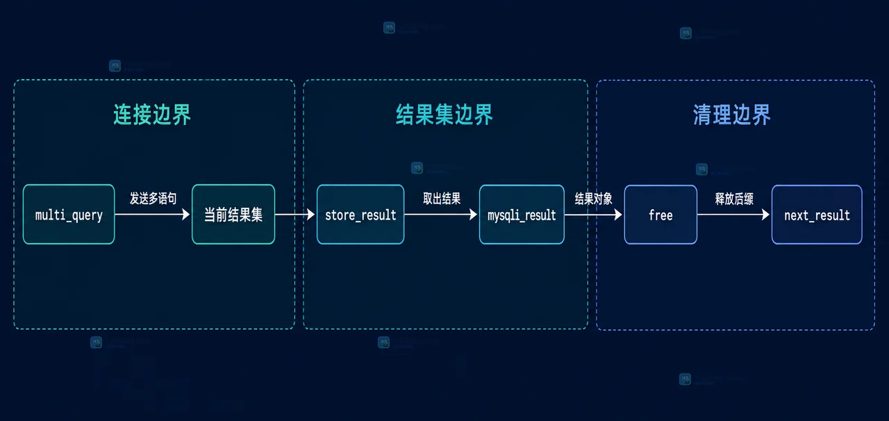 PHP mysqli multi_query 当前结果集、store_result、mysqli_result、free 和 next_result 的静态关系