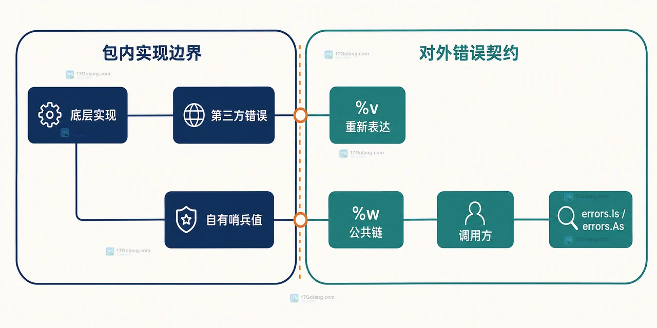 Go fmt.Errorf 的 %v 与 %w 在错误文本和错误链上的静态关系图